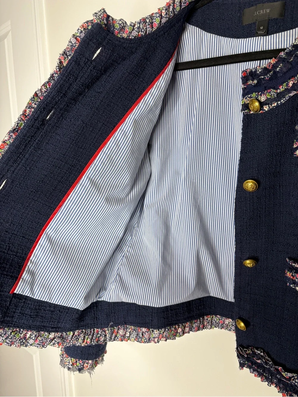 J. Crew Lady Jacket In Navy Blue Tweed Button Down Floral Ruffle Trim Size 12